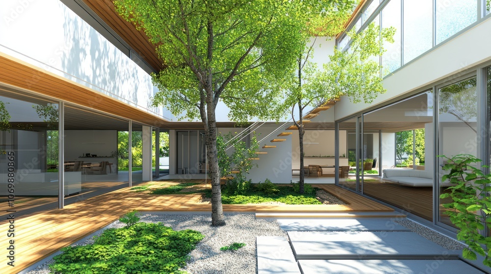 A modern house with trees growing in the courtyard