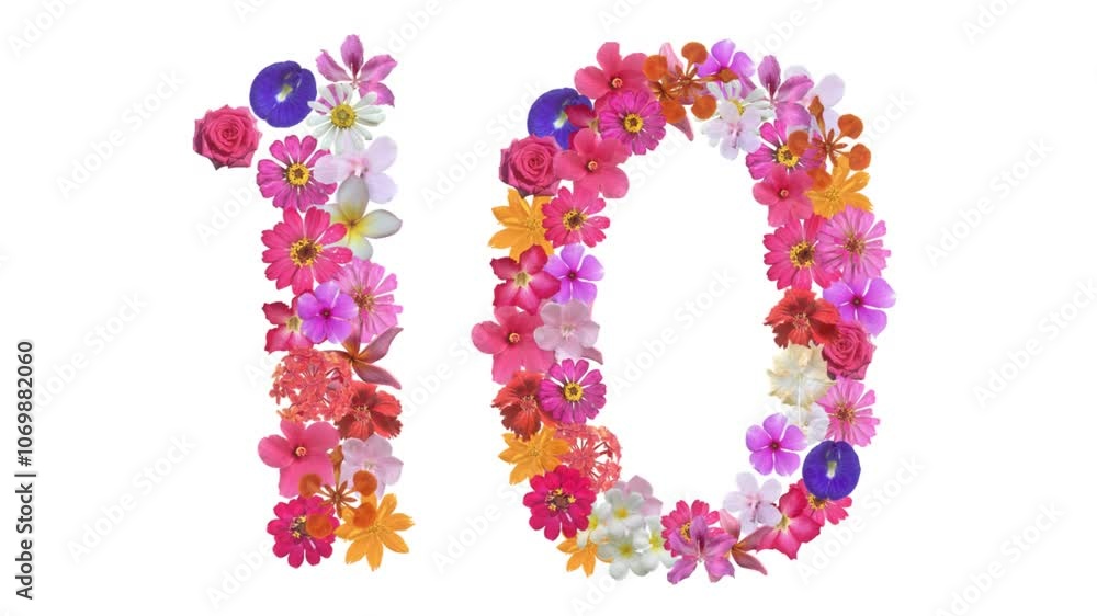 10, Video of numbers formed from growing flowers, suitable for birthday, anniversary and commemoration templates. 10, Video of numbers formed from growing flowers, suitable for birthday, anniversary and commemoration templates.