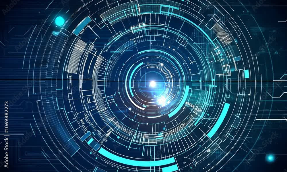 Abstract digital technology background with blue and white glowing lines and circles