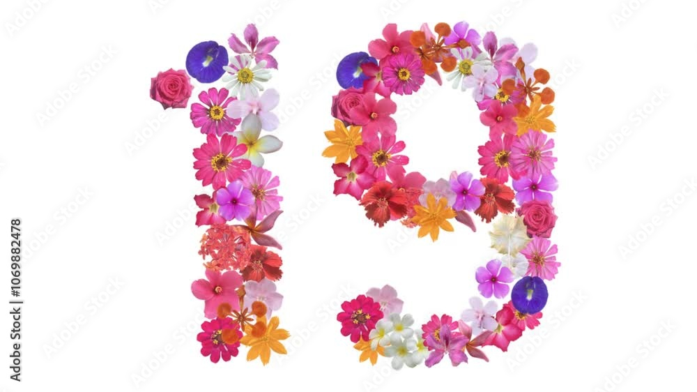 19, Video of numbers formed from growing flowers, suitable for birthday, anniversary and commemoration templates. 19, Video of numbers formed from growing flowers, suitable for birthday, anniversary and commemoration templates.