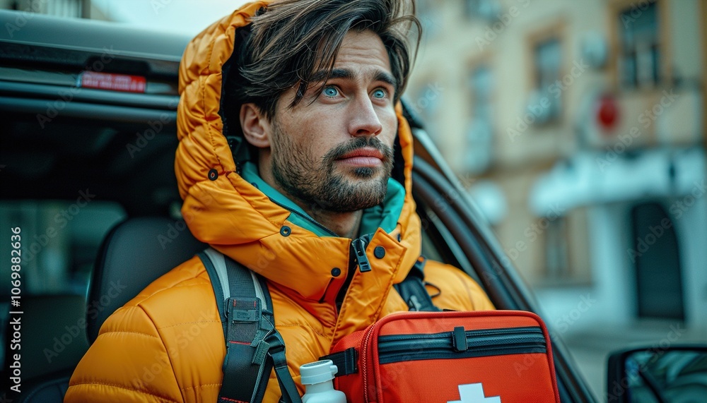 Man with first aid kit inside car, closeup Man with first aid kit inside car, closeup