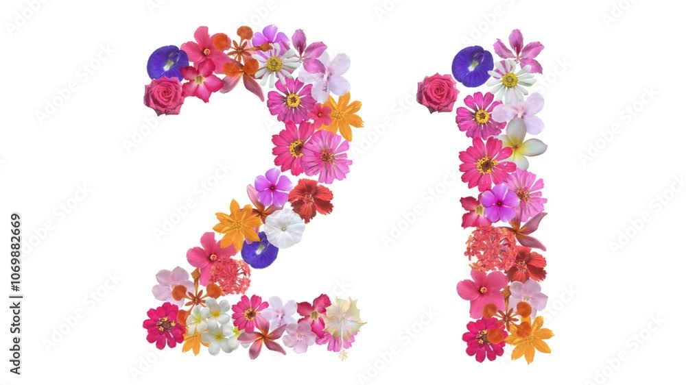 21, Video of numbers formed from growing flowers, suitable for birthday, anniversary and commemoration templates. 21, Video of numbers formed from growing flowers, suitable for birthday, anniversary and commemoration templates.