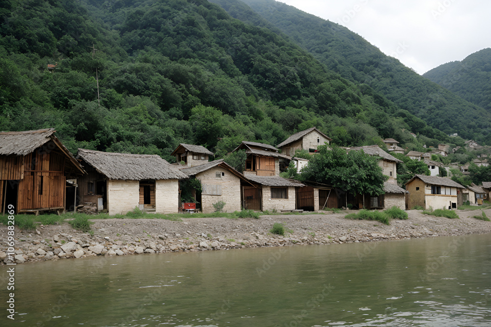 Obraz premium Scenic Village Nestled in Lush Green Hills by a River