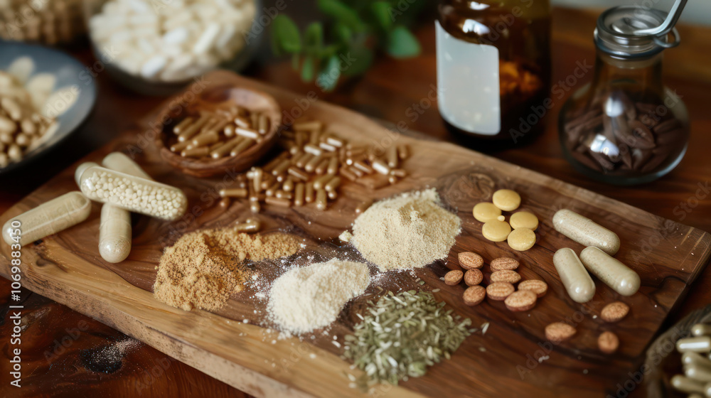 Fototapeta premium Natural supplements and herbs arranged on wooden board, showcasing various forms