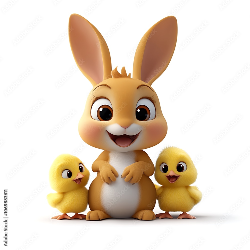 Fototapeta premium Cartoon Rabbit Playing with Chicks in 2D Style
