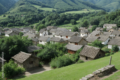 Scenic Village Nestled in Lush Green Hills by a River