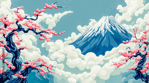 A vibrant, stylized illustration of Mount Fuji framed by cherry blossom branches and surrounded by fluffy clouds. This artwork captures a blend of traditional Japanese aesthetics and contemporary art 