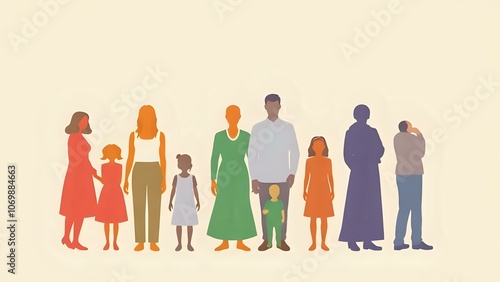Color-Block Family Silhouettes on Beige Background for Diverse Family Types and Inclusion