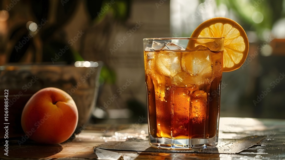  Refreshing and Sweet Iced Peach Tea in a Steamed Glass with Ice Cubes: Perfect Summer Beverage