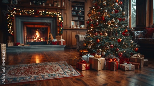 Wallpaper Mural  A beautifully decorated Christmas tree in a cozy living room, with presents underneath and a fireplace in the background. Generative AI Torontodigital.ca