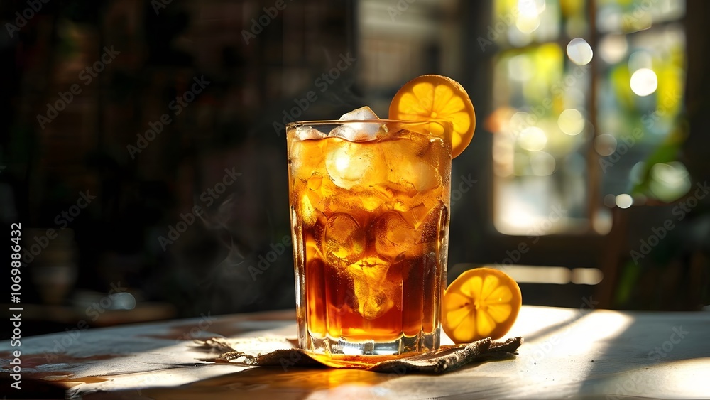 Refreshing and Sweet Iced Peach Tea in a Steamed Glass with Ice Cubes: Perfect Summer Beverage Refreshing and Sweet Iced Peach Tea in a Steamed Glass with Ice Cubes: Perfect Summer Beverage
