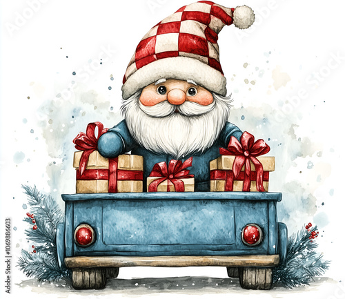 
Watercolor Christmas gnome in a red and white checkered hat, sitting on the back of a vintage truck filled with Christmas gifts. Clipart design, watercolor aesthetic photo