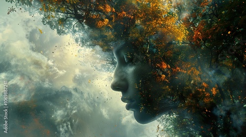 A Dreamy Portrait of Nature: A Woman's Face Emerges from a Forest of Autumn Leaves