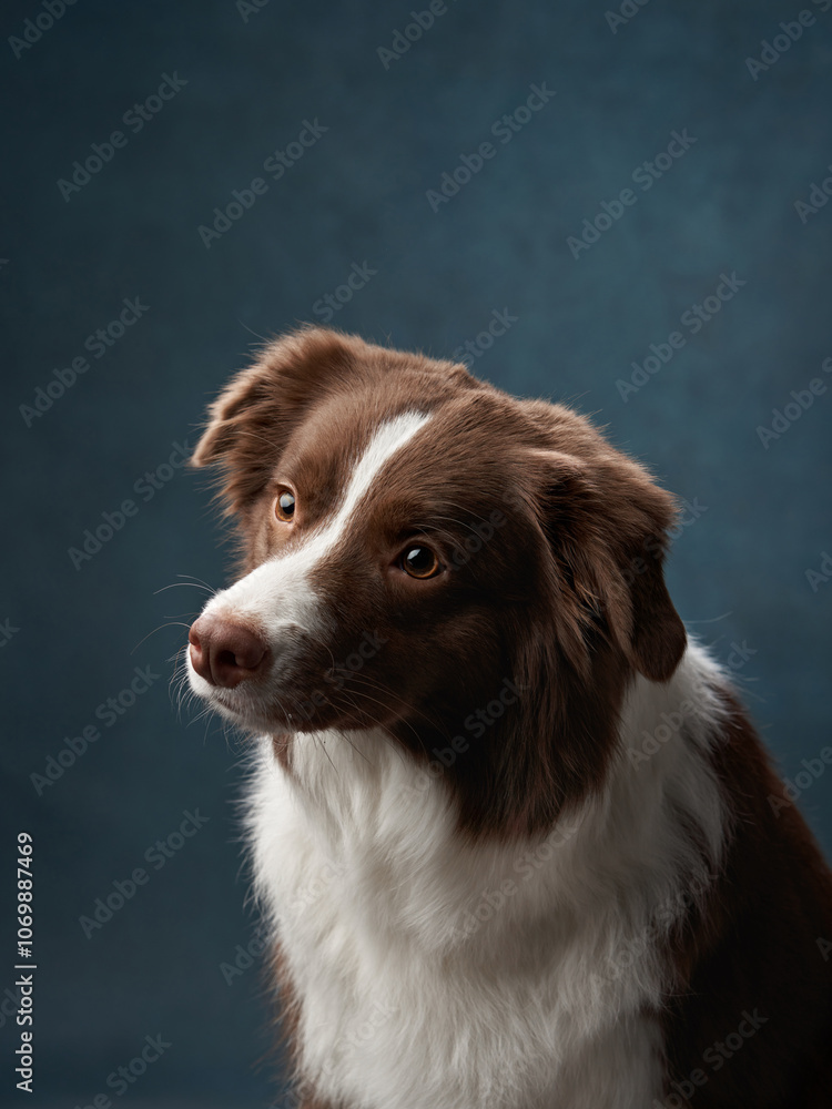 A Border Collie dog portrait captures a pensive look, set against a dark background. The second sentence explores its alert and thoughtful demeanor. A Border Collie dog portrait captures a pensive look, set against a dark background. The second sentence explores its alert and thoughtful demeanor.