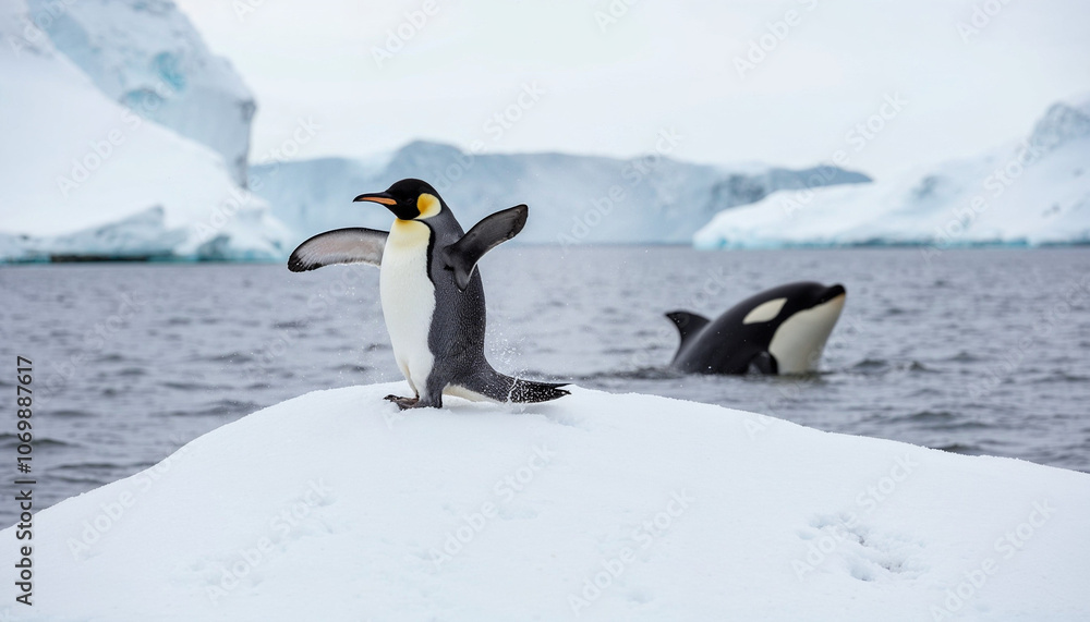 Obraz premium Emperor penguin is flapping its wings playful with A breaching endangered orca in the Salish Sea set against a serene backdrop of the Antarctic Peninsul