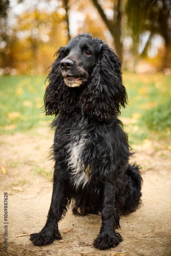 A black spaniel with long curly hair sits on a path in a park or forest. The dog has a white spot on its chest. The background is blurred, with autumn trees and yellow leaves on the ground. A black spaniel with long curly hair sits on a path in a park or forest. The dog has a white spot on its chest. The background is blurred, with autumn trees and yellow leaves on the ground.