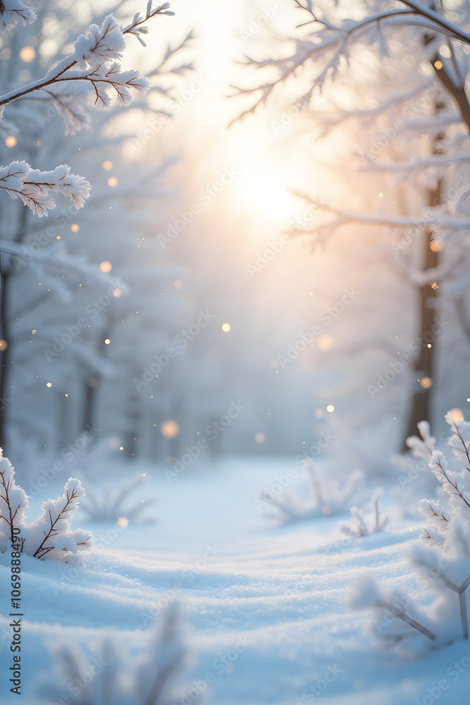 Tranquil snowy forest scene at sunrise with soft light and falling snowflakes Tranquil snowy forest scene at sunrise with soft light and falling snowflakes