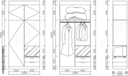 Vector sketch illustration of silhouette image of two door wardrobe furniture design with size details 