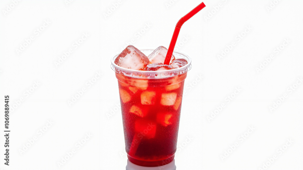 Refreshing Red Summer Drink in Clear Cup with Ice and Straw: Perfect for Beverage Ads or Lifestyle Content Refreshing Red Summer Drink in Clear Cup with Ice and Straw: Perfect for Beverage Ads or Lifestyle Content