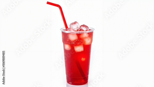 Refreshing Red Summer Drink in Clear Cup with Ice and Straw: Perfect for Beverage Ads or Menu Designs