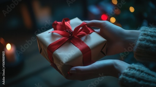 Close-up of hands exchanging a beautifully wrapped gift with red ribbon, representing the spirit of giving and celebration during special occasions like Christmas or birthdays