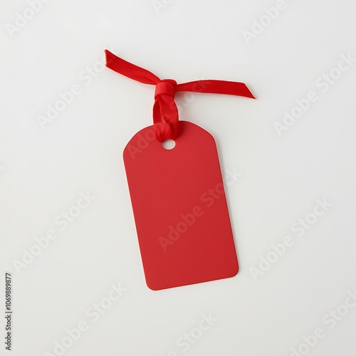 Blank red price tag with red ribbon on white background. 