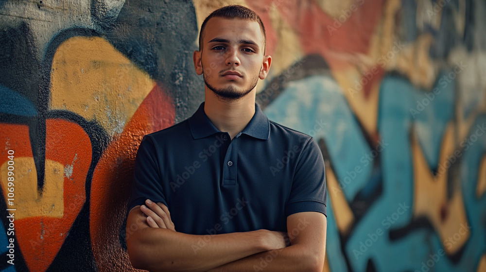 A young man stands confidently with crossed arms in front of a vibrant, artistic graffiti wall, showcasing urban culture. A young man stands confidently with crossed arms in front of a vibrant, artistic graffiti wall, showcasing urban culture.