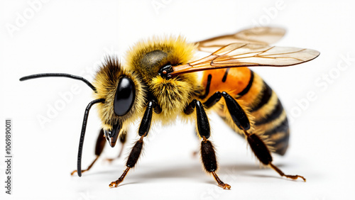 Detailed Close-up of Honey Bee: Golden Fuzzy Body, Compound Eyes, and Translucent Wings on White Background