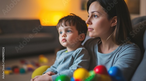 A mother and her son watching TV at home