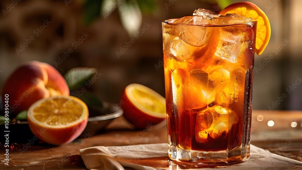Refreshing Cold Peach Tea in a Tall Steamed Glass with Ice: Invigorating Summer Beverage Refreshing Cold Peach Tea in a Tall Steamed Glass with Ice: Invigorating Summer Beverage