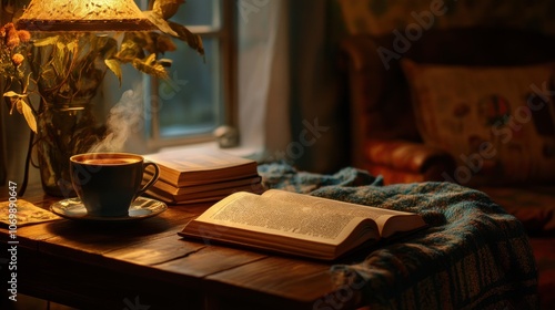 Picture of a cup of coffee on a table and a book to read at home with warm orange light in the evening or early morning with a relaxing atmosphere.