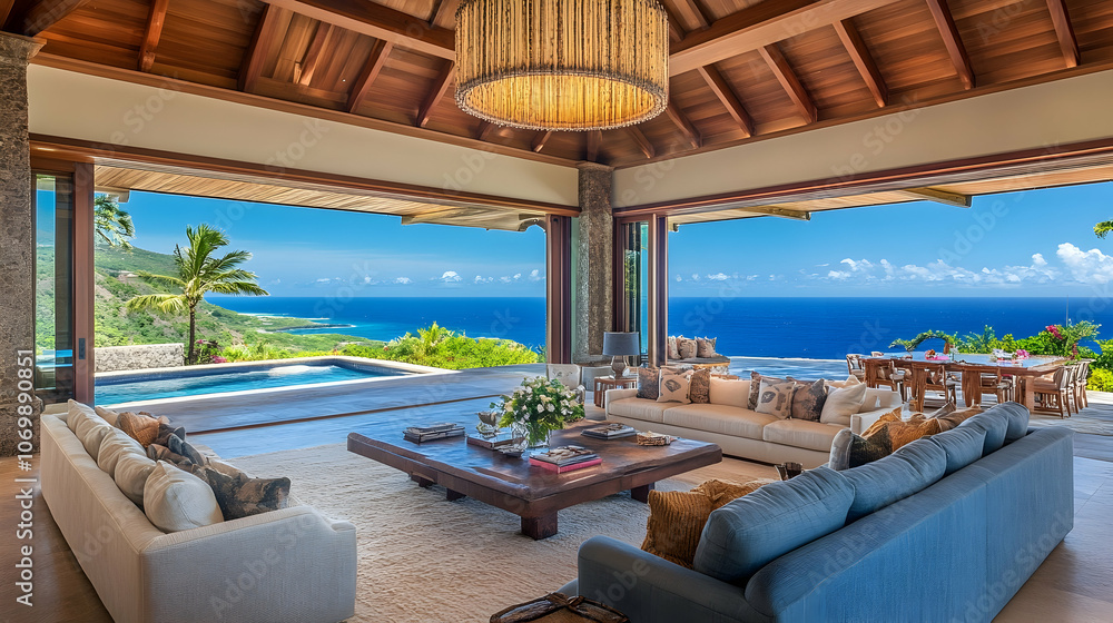 Fototapeta premium Luxury living room with stunning ocean views and large sliding glass doors that open to a patio with a pool.
