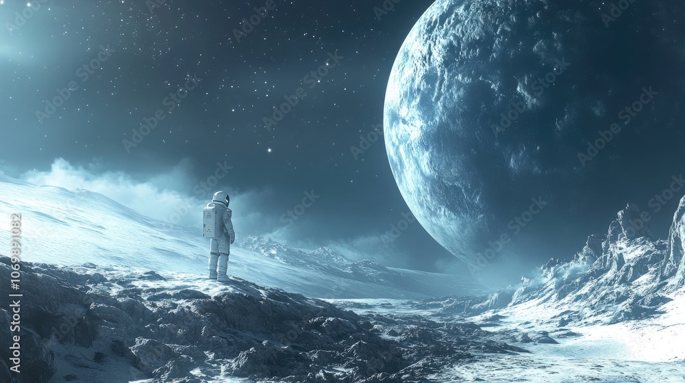 Exploring the Cosmos – Lone Astronaut on Barren Alien Moon, Staring at the Vast Planet and Starry Sky in a Scene Evoking the Isolation, Wonder, and Grandeur of Deep Space Travel Exploring the Cosmos – Lone Astronaut on Barren Alien Moon, Staring at the Vast Planet and Starry Sky in a Scene Evoking the Isolation, Wonder, and Grandeur of Deep Space Travel