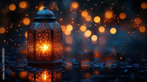 Beautiful Arabic Lantern with a Burning Candle Creating a Magical Atmosphere Surrounded by Glowing Bokeh Lights for Festive Decor