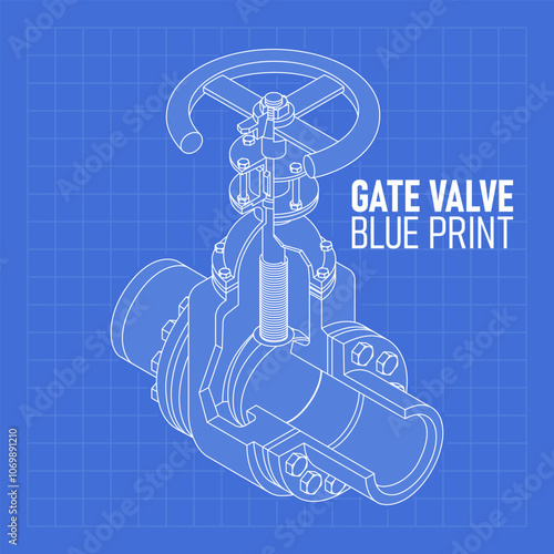 Vector gate valve technical drawing blueprints. Industrial equipment oil and gas valve. Perfect for mechan concept.