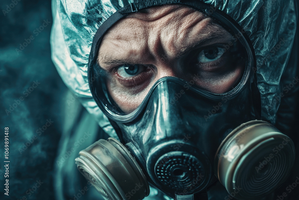Close-up of a person in a gas mask and protective suit, focusing on intense eyes, conveying a sense of seriousness and urgency amid a bluish atmospheric backdrop. Close-up of a person in a gas mask and protective suit, focusing on intense eyes, conveying a sense of seriousness and urgency amid a bluish atmospheric backdrop.