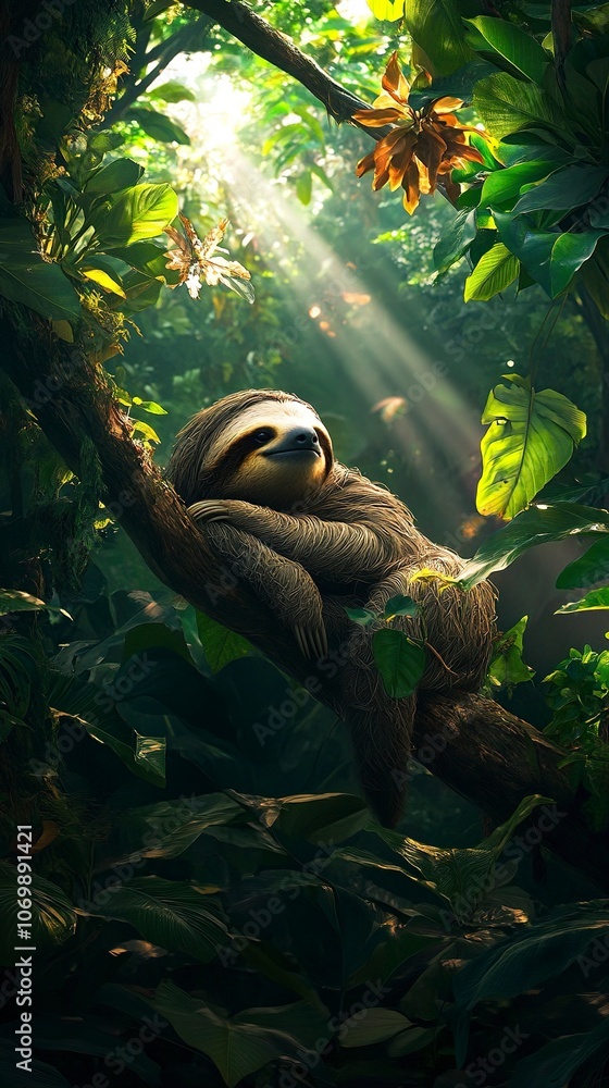 Obraz premium A vertical image of a sloth resting high in a tree in a lush, green forest, captured in a 9:16 aspect ratio, suitable for a YouTube Short. generative ai