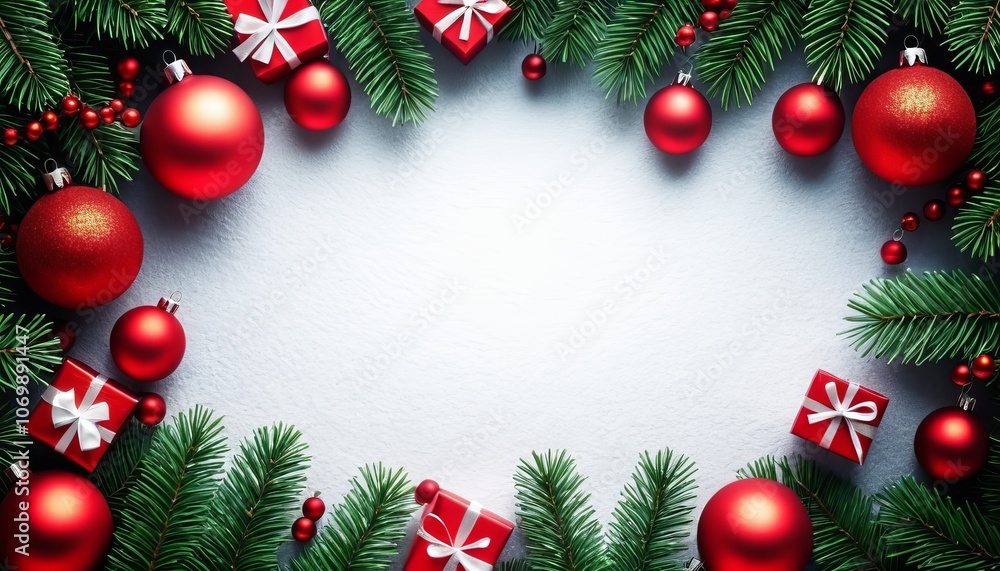 Festive christmas background with red ornaments and green pine branches Festive christmas background with red ornaments and green pine branches