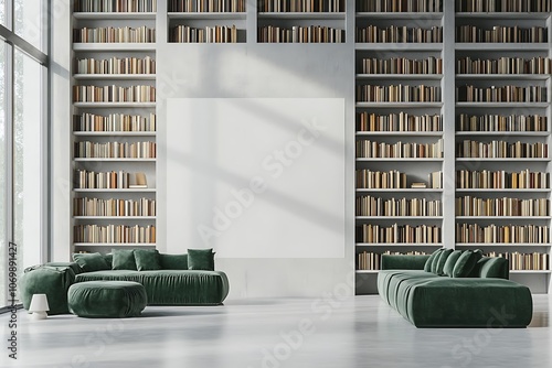 Modern library interior with green armchairs and tall bookshelves. photo