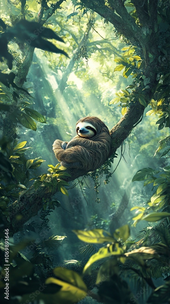 Obraz premium A vertical image of a sloth resting high in a tree in a lush, green forest, captured in a 9:16 aspect ratio, suitable for a YouTube Short. generative ai