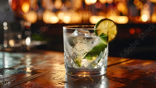 Classic and Strict Cocktail Gin and Tonic Served in a Heavy Glass: Timeless Refreshing Drink