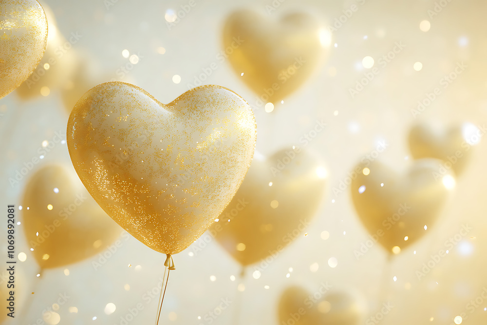 Obraz premium Golden heart-shaped balloons float in a softly lit room, creating a romantic atmosphere perfect for celebrations or special occasions