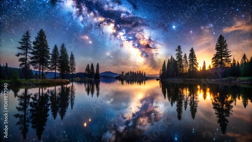  Starry night sky over a tranquil lake with a reflection of the Milky Way and silhouetted pine trees