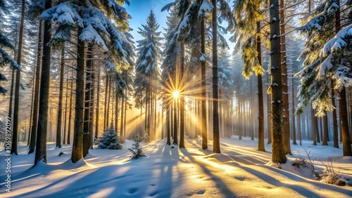 Snow-dusted forest with sunlight streaming through tall, frosty pine trees