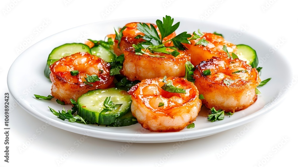 A plate of food with shrimp and cucumber A plate of food with shrimp and cucumber