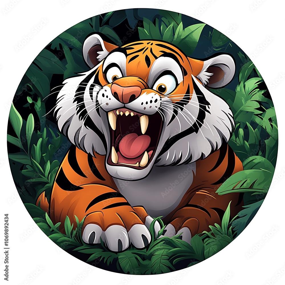 Fototapeta premium Roaring Tiger Cartoon in a Lush Jungle Scene