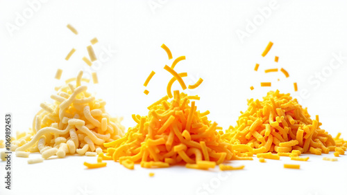 Dynamic Trio of Shredded Cheese: Vibrant Colors and Textures for Culinary Marketing and Food Packaging Design