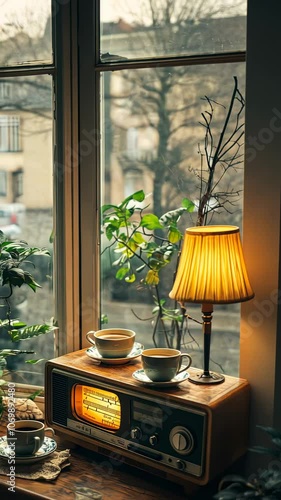 A cozy scene featuring a vintage radio, cups, and plants by a window.