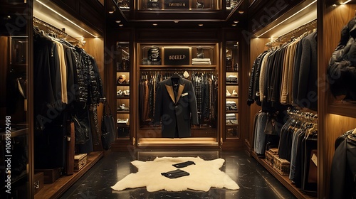 Luxury walk-in closet, dark wood, designer clothes, accessories, light rug. photo