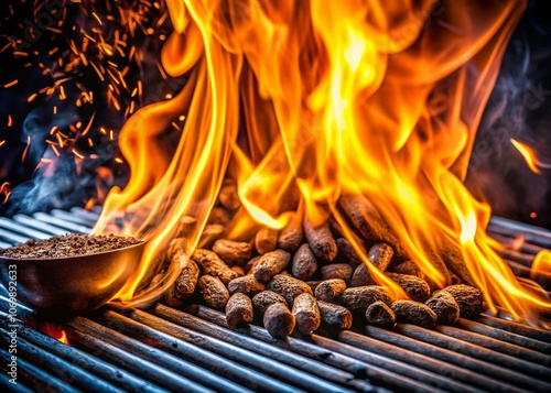 Slow Motion Flames Erupting from a BBQ Smoker Pellet Tube on a Grill Captured in Stunning Detail, Showcasing the Intense Heat and Dynamic Motion of Outdoor Cooking photo